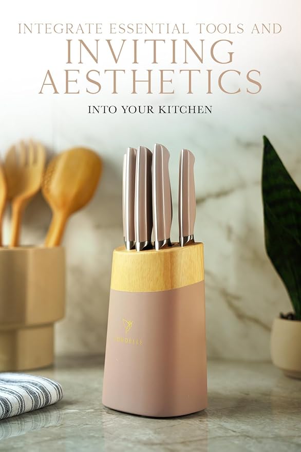 Lordelle Knife Block Set - 5 Piece Set - Rosewood Pink - Lifestyle Home Kitchen Design - German X50 Stainless Steel - ABS Handle - Ash Wood Block - Cooking Chef Knife, Santoku, Paring, Utility