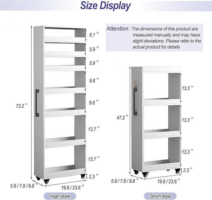 7-Tier Slim Storage Cart, Wooden Rolling Pantry Cabinet with Wheels, Narrow Shelf Organizer for Kitchen, Bakers Rack, Dining Room, Closet, Small Spaces Warm White 47.2" H*5.9" W*23.6" D
