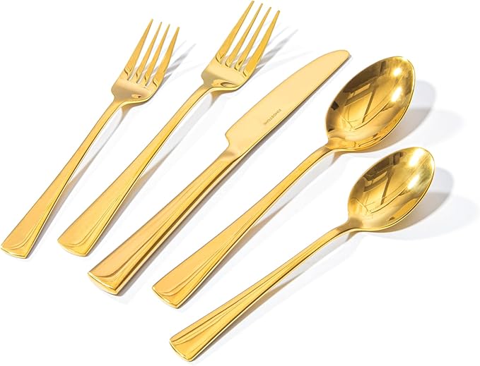 KINGSTONE 18/10 Stainless Steel Flatware, 20-Piece Forged Silverware Set for 4, Mirror Polished Cutlery Set Dishwaher Safe for Home, Restaurant, Wedding, Party, Gold