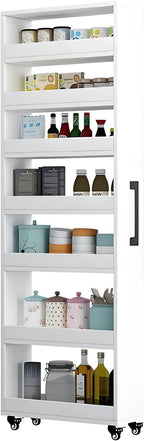 7-Tier Slim Storage Cart, Wooden Rolling Pantry Cabinet with Wheels, Narrow Shelf Organizer for Kitchen, Bakers Rack, Dining Room, Closet, Small Spaces Warm White 73.2''H*5.9''W*23.6''D