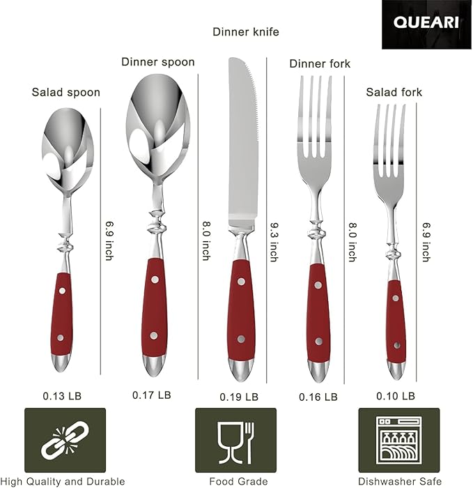 Retro 20-Piece Silverware Set, 304 Riveted Stainless Steel Flatware Set, Vintage Cutlerywith Red Bakelite Handle, Dishwasher Safe| Service for 4