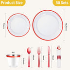 Goodluck 350 Piece Red Plastic Dinnerware Set for Party, Clear Disposable Plates for 50 Guests, Include: 50 Dinner Plastic Plates, 50 Dessert Plates, 50 Pre Rolled Napkins with Cutlery Set, 50 Cups