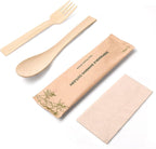 Individually Wrapped Bamboo Cutlery/Utensils With Napkins 66Pack ((6.7" 66 Forks 66 Spoons 66 Napkins) Travel Set Compostable Biodegradable Forks Soup Spoons for Party/Wedding