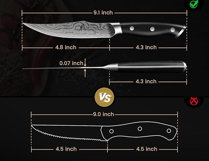 Steak Knives Set of 8 with Block Built-in Sharpener, 4.8 Inch Non Serrated Razor-Sharp Durable Dinner Knives, German Stainless Steel Damascus Pattern Full Tang Forged, Easy to Maintain