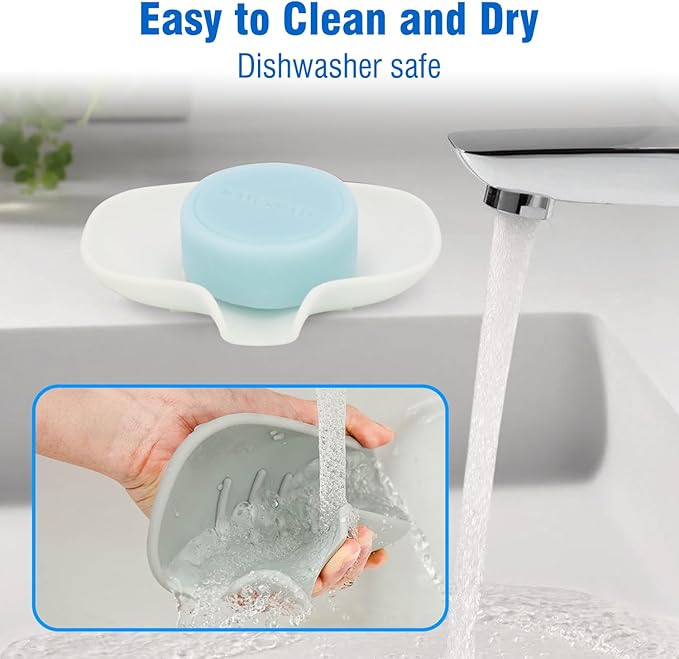 3 Pack Soap Bar Holder, AIMAIAIMAI Self Draining Soap Dish, Quick Drainage, Soap Dishes for Bathroom, Shower, Silicone Soap Tray for Kitchen, Dishwasher Safe (White)