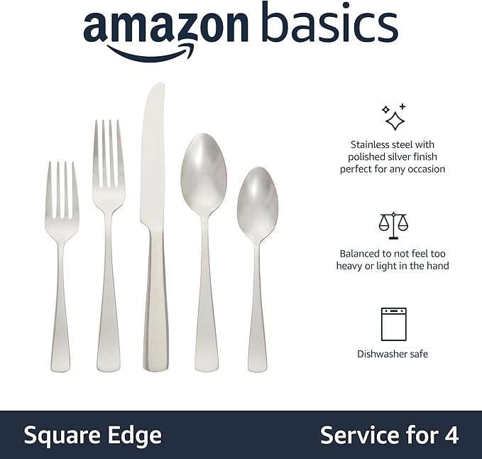 Amazon Basics 20-Piece Stainless Steel Flatware Set with Square Edge, Service for 4, Silver