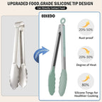 Kitchen Tongs, Stainless Steel Silicone Tongs for Cooking 600ºF High Heat-Resistant BBQ Grilling Locking Tongs, Set of 2-9" and 12" Light Green
