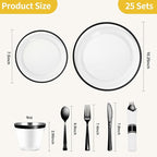 Goodluck 175 Piece Black Plastic Dinnerware Set for Party, Clear Disposable Plates for 25 Guests, Include: 25 Dinner Plastic Plates, 25 Dessert Plates, 25 Pre Rolled Napkins with Cutlery Set, 25 Cups