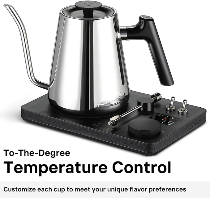 Lafeeca DJ Electric Gooseneck Kettle for Pour Over Coffee & Tea - Water Boiler - Turntable Design - Quick Heating & Temperature Control - Stainless Steel
