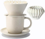 Pour Over Coffee Maker, with 50 PCS Basket Coffee Filters, 310 ml/10 oz Mug with Saucer & Coffee Dripper, Ceramic, Off-white