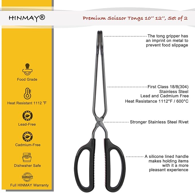 Stainless Steel Kitchen Tongs 10" and 12" Set, Comfortable Grip Scissor Tongs for Cooking, Grilling & Serving (Black)