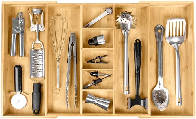 KitchenEdge Adjustable Kitchen Drawer Organizer for Utensils and Junk, Food-Safe Contract Grade with 100% Sustainable Wood, Expandable from 16 to 28 Inches Wide - Natural Bamboo