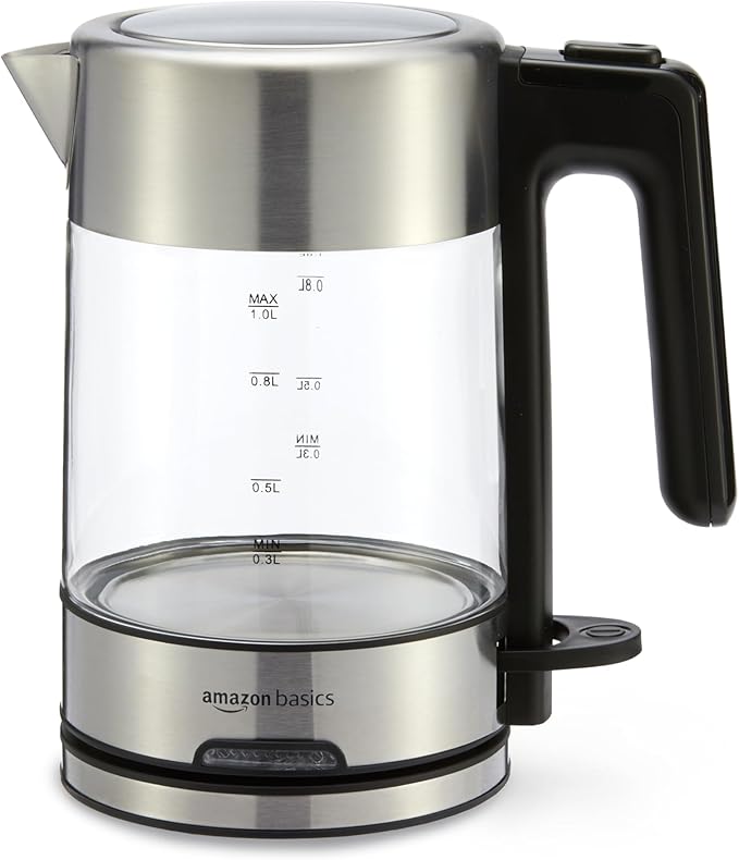 Amazon Basics Electric Kettle with Glass Carafe for Tea and Coffee, BPA-Free, Fast Boiling, Auto Shut-Off, 1.1 Quarts, 1500W, Glass and Steel