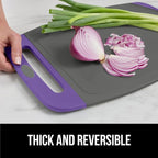 GORILLA GRIP BPA-Free Reversible Kitchen Cutting Board Set of 3, US Designed, Nonporous, Juice Grooves Catch Liquid, Slip Resistant Border, Dishwasher Safe, Durable Food Chopping Boards, Purple Gray