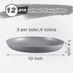 12 Pcs Unbreakable Deep Dinner Plates Set, 10 inch Reusable Plastic Wheat Straw Plates, Microwave and Dishwasher Safe Plate for Kitchen, Lightweight Plate for Dessert, BPA Free, 4 Colors