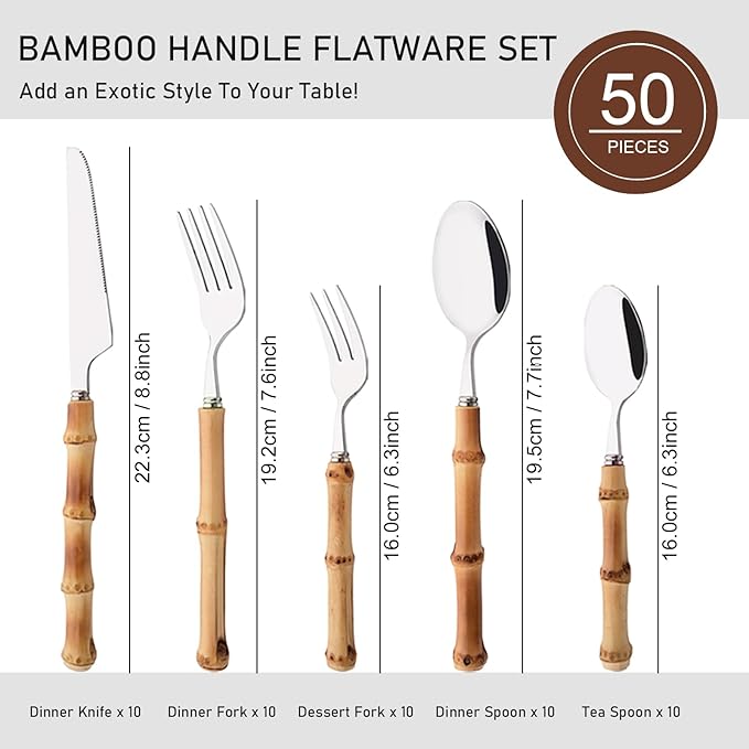 50PCS Silverware Set for 10, Bamboo Handle Flatware Set, Stainless Steel Cutlery Set for Home Restaurant and Party, Bamboo Forks Spoons and Knives Set, Polished Tableware
