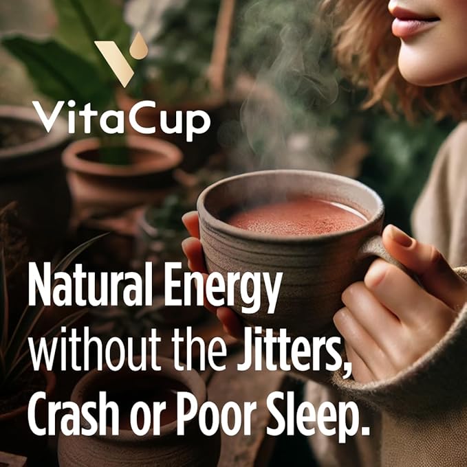 VitaCup Mushroom Coffee Alternative Instant Drink Mix | Mushroom Coffee Substitute for Natural Energy & Focus | Lion’s Mane, Yerba Mate, & Chaga | Cacao, Cinnamon, & B Vitamins | 3 Bags, 90 Servings