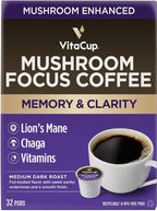 VitaCup Focus Mushroom Coffee Pods, Boost Focus & Immunity w/Lions Mane, Chaga, B Vitamins, D3 for Memory & Clarity, Medium Roast, Recyclable Single Serve Pod Compatible w/Keurig K-Cup Brewers,32 Ct