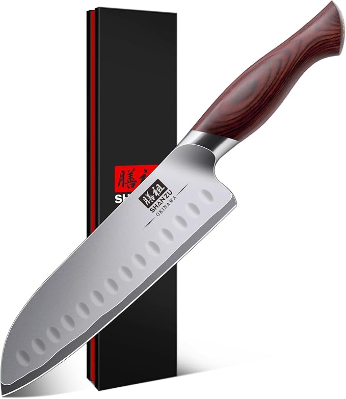 SHAN ZU 7 Inch Chef Knife, High Carbon Japanese 10Cr15Mov Stainless Steel Santoku Knife, Ultra Sharp Professional Kitchen Cooking Knife with Ergonomic Pakkawood Handle