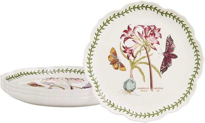Portmeirion Botanic Garden Lotus Blossom Dinner Plates, Set of 4 - Mexican Lily Porcelain Plates with Butterfly Motif, 11.25" Floral Shape for Dining or Display - Oven, Microwave & Dishwasher Safe