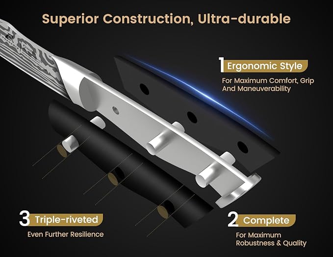 Steak Knives Set of 8 with Block Built-in Sharpener, 4.8 Inch Non Serrated Razor-Sharp Durable Dinner Knives, German Stainless Steel Damascus Pattern Full Tang Forged, Easy to Maintain