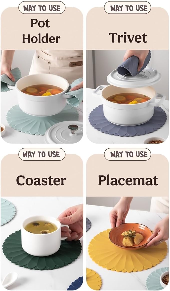 Heat-Resistant Silicone Trivet Mats, Non-Slip Hot Plate Holder for Kitchen Countertops & Dining Table, Reusable Pot Holder Pad with Secure Grip, Dishwasher Safe (Grey, Diameter: 18cm/7.09")