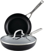 KitchenAid Hard Anodized Induction Nonstick Frying Pan Set With Lid, 3-Piece – 8 & 10 Inch Skillets, Durable, Even Heating, Dishwasher & Oven Safe, Easy-Clean, Matte Black