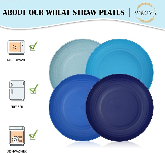 Wheat Straw Plates - 8 Inch Unbreakable Dinner Plates Set of 8 - Dishwasher & Microwave Safe Plastic Plates Reusable - Lightweight Kids Plates for kitchen,R.V. (Ocean)