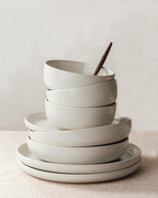 Famiware Milkyway Plates and Bowls Sets, 24 Pieces Dinnerware Sets, Reactive Glaze Dish Set, Stoneware Dishes Set for 8, Matte Beige White