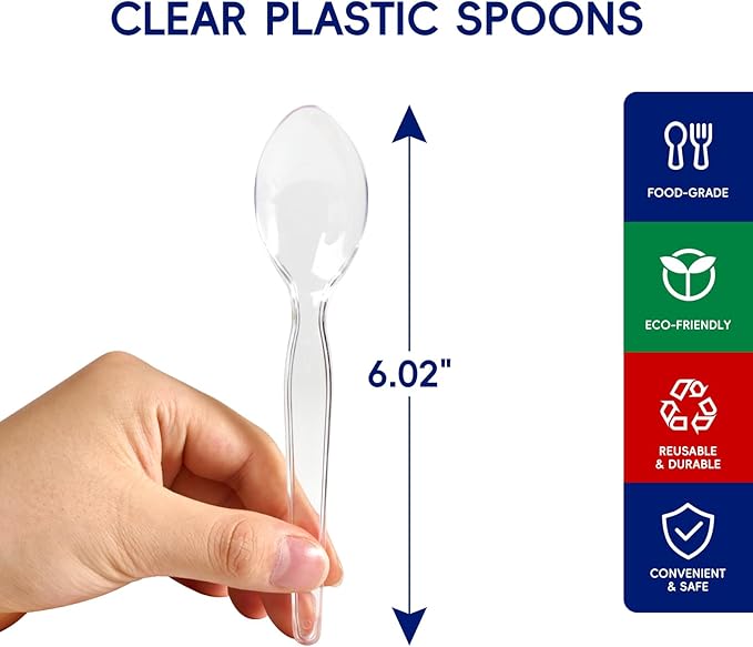 JOLLY CHEF [300 Count] Clear Plastic Spoons, Heavy Duty Disposable Spoons Utensils, Clear Plastic Silverware Bulk for Party, Birthday, Wedding, Thanksgiving
