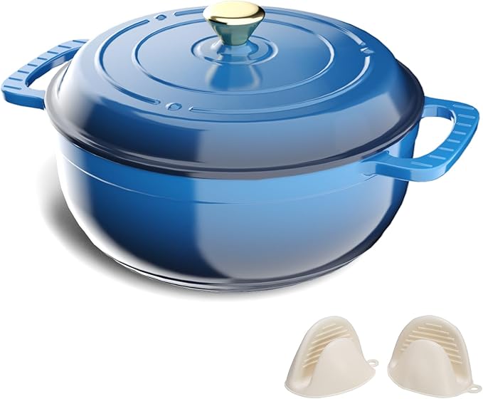 VINGLI 6QT Enameled Cast Iron Round Dutch Oven Pot with Lid, NonStick Casserole Pot with Dual Handles & Silicone GlovesRed, Oven Safe up to 500°F or on Stovetop, Dutch Oven for Bread Baking, Blue