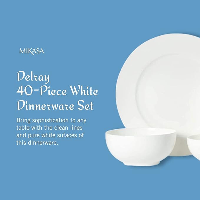 Mikasa Delray 40-Piece White Dinnerware Set, Service for 8, Durable Porcelain Plates, Bowls, and Mugs, Dishwasher and Microwave Safe