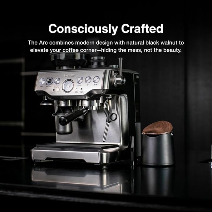 Crema Coffee Products Arc Knock Box | Holds 12–16 EspressoPucks|Durable,Stain-ResistantBuild withNon-Slip Base|Elegant WalnutPlastic Lid Design| EasyClean-Up &Moisture Control|BlackPlasticLid Finish