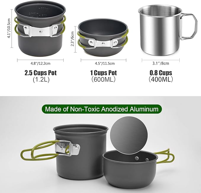 Odoland 8pcs Camping Cookware Mess Kit, Camping Pot and Pan Set with Mini Backpacking Stove, Stainless Steel Cup, Spork and Tank Bracket, Cooking Gear for Outdoor, Hiking, Picnic, Campfire
