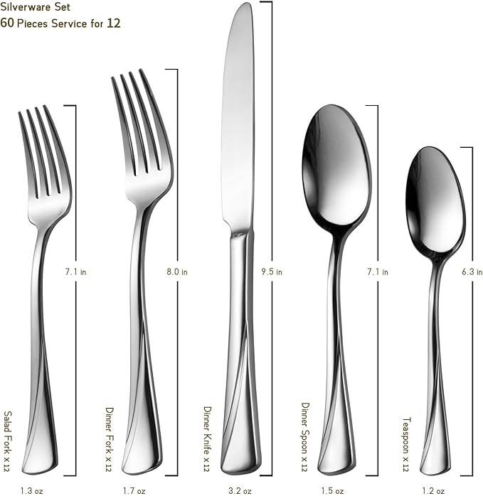 Alata Alice 60-Piece Silverware Set Stainless Steel Flatware Set,Service for 12,Mirror Polished Cutlery Set,Dishwasher Safe