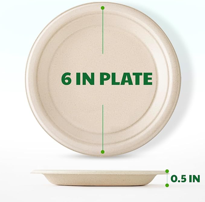 125 Count Compostable Paper Plates, 6 Inch Heavy Duty Disposable Plates by Biodegradable Bagasse, Dessert Plates Bulk for Party | Microwave-Safe | Soak-Resistant, Cut Resistant