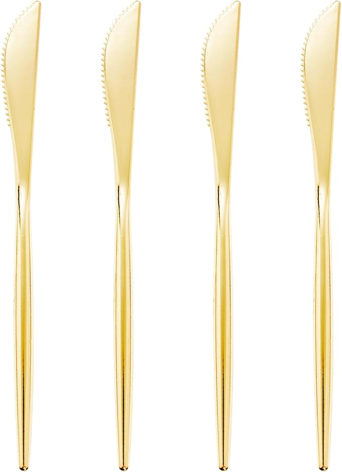 I00000 90 Pcs Gold Plastic Knives,Plastic Silverware, Gold Disposable Utensils, Heavy Duty Disposable Knives Dinnerware Perfect for Parties, Wedding & Dinners