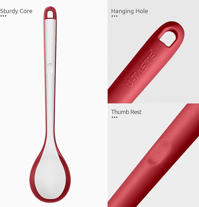 600ºF Heat Resistant Silicone Spoon: U-Taste 13.3in Solid Kitchen Cooking Spoon, Nonstick Food Grade Large & Long Soup Rubber Utensil for Mixing, Serving, Stirring, Basting, for Pot Cookware (Red)