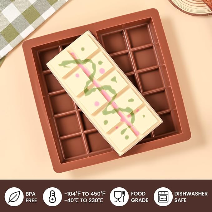 FUNBAKY Dubai Silicone Chocolate Bar Mold - 1-Inch Deep Cavities, Large Thick Candy Bar Mold, Ideal for Filling Pistachio Chocolate, Includes Scraper, 1 Pack