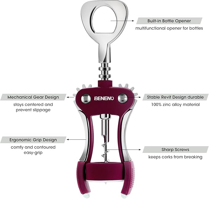 Beneno Wine Opener, Zinc Alloy Premium Wing Corkscrew with Multifunctional Bottles Opener, Sharp Wine Corkscrew with Ergonomic Non-Slip Wing Handle, Upgrade Purple