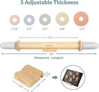 Geesta Adjustable Wood Rolling Pin with 5 Thickness Rings, Precise Dough Roller Handle Press Design with Measurement Guide for Fondant, Pizza, Pie Crust, Cookie, Pastry Baking Decorating Accessories