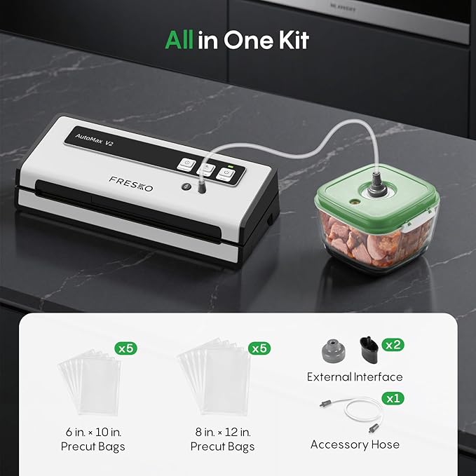 FRESKO Automatic Vacuum Sealer for Food with 95 kPa Powerful Suction, Compact Food Sealer machine Starter Kit with 10 Vacuum Bags for Dry/Moist Food, Sous Vide, Meal Prep