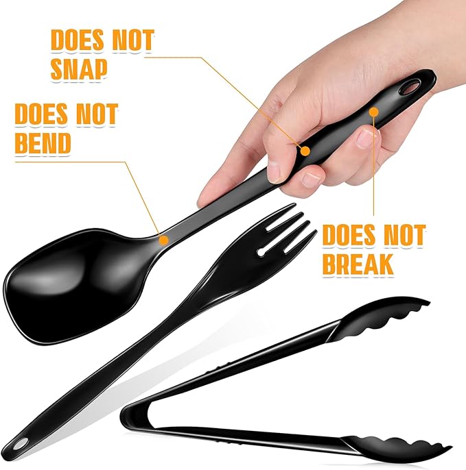 20Pcs Disposable Plastic Serving Utensils for Parties, Buffet Serving Utensils Set-8 Black Plastic Serving Spoons, 4 Tongs and 8 Forks for Catering, Entertaining and Parties