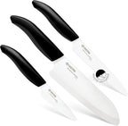 Kyocera Advanced Ceramics – Revolution Series 3-Piece Ceramic Knife Set: Includes 6-inch Chef's Knife; 5-inch Micro Serrated Knife; and 3-inch Paring Knife; Black Handles with White Blades
