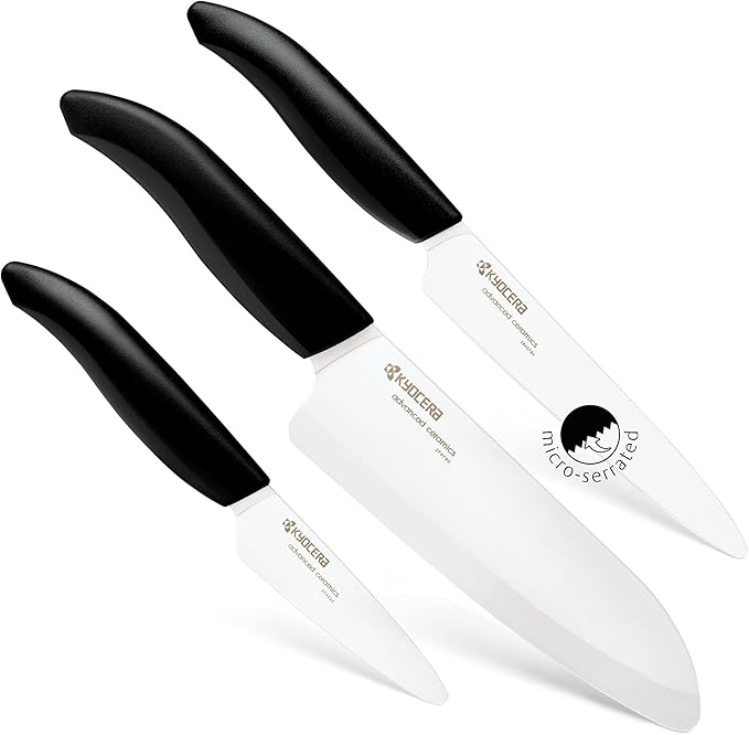 Kyocera Advanced Ceramics – Revolution Series 3-Piece Ceramic Knife Set: Includes 6-inch Chef's Knife; 5-inch Micro Serrated Knife; and 3-inch Paring Knife; Black Handles with White Blades