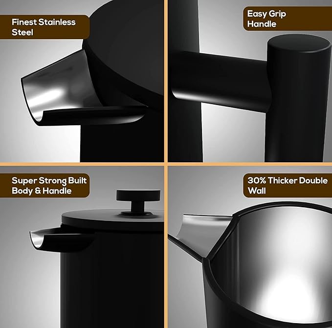 French Press Coffee Maker,Stainless Steel Double Wall Insulated Coffee Press 34 oz,4-8 Cups, Portable Hot Cold Brew Teapot Cafetera for Coffee Bar Accessories Kitchen Camping (Black,34oz)