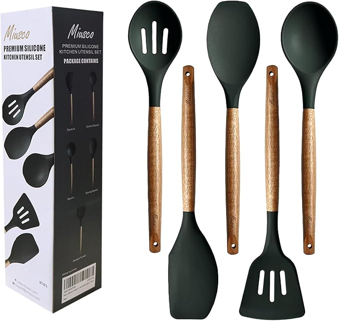 Miusco Non-Stick Silicone Cooking Utensils Set with Natural Acacia Hard Wood Handle, 5 Piece, High Heat Resistant (Green)