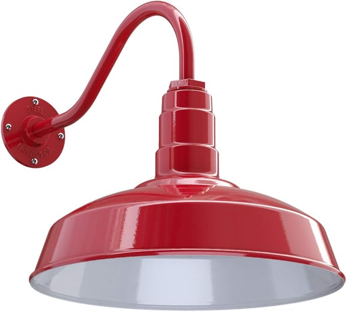 Steel Lighting Co. Gardena Barn Light | Outdoor Wall Mounted | 16" Dome | 16" Gooseneck | Farmhouse Light Made in America | Red Exterior/White Interior