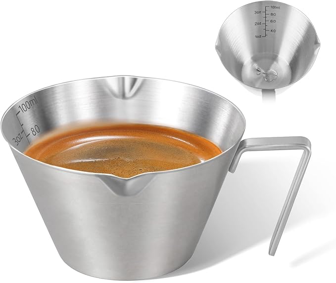 1Pc Stainless Steel Espresso Cups, Double Spout Metal Measuring Cup with Dual Scale, Espresso Shots Cup with Handle, 3.4oz/100ml