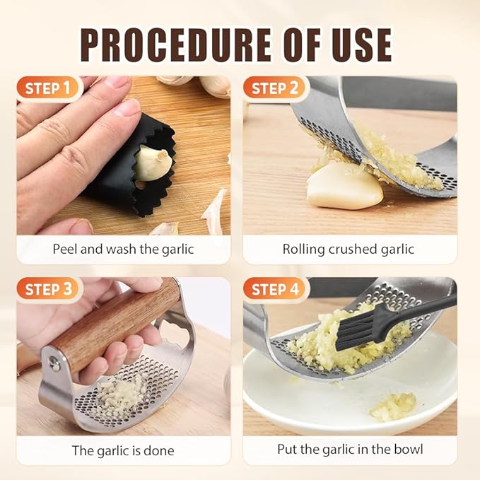 Stainless Steel Garlic Presser, Upgraded Garlic Press Rocker with Peeler and Cleaning Brush, Ergonomic Handle for Cooking Enthusiasts (2 pcs)